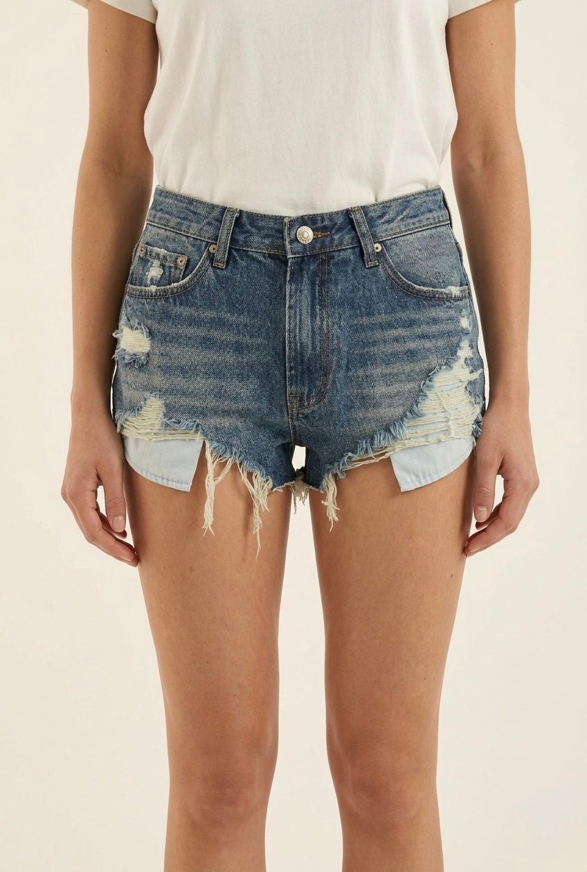 Shorts in denim stone-washed con strappi e ricamo "Don't Touch" REBEL – alternate