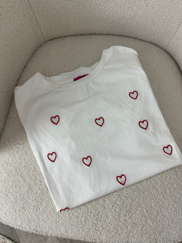 T-shirt bianca con cuoricini ricamati - Follie by Alice