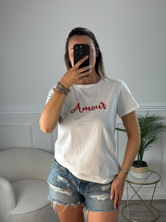 T-shirt bianca con ricamo Amour