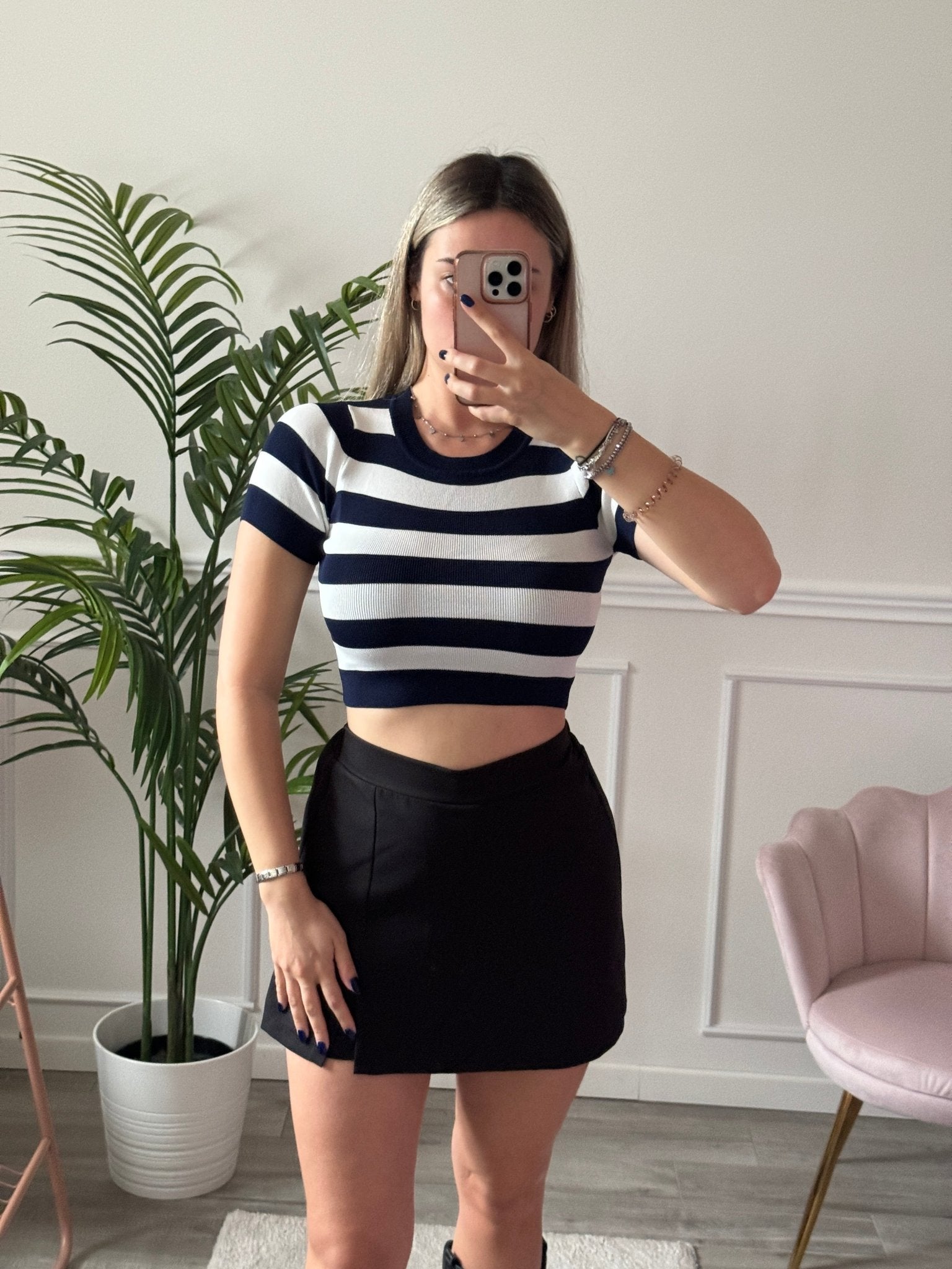 T-shirt crop in maglia a righe Immagine secondaria del prodotto