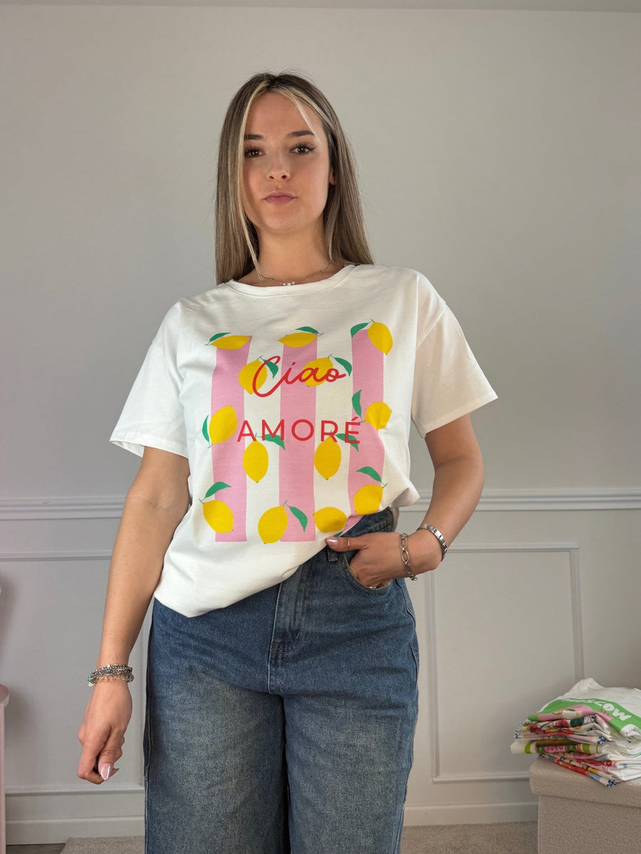 T-shirt oversize con stampa limoni "CIAO AMORE"