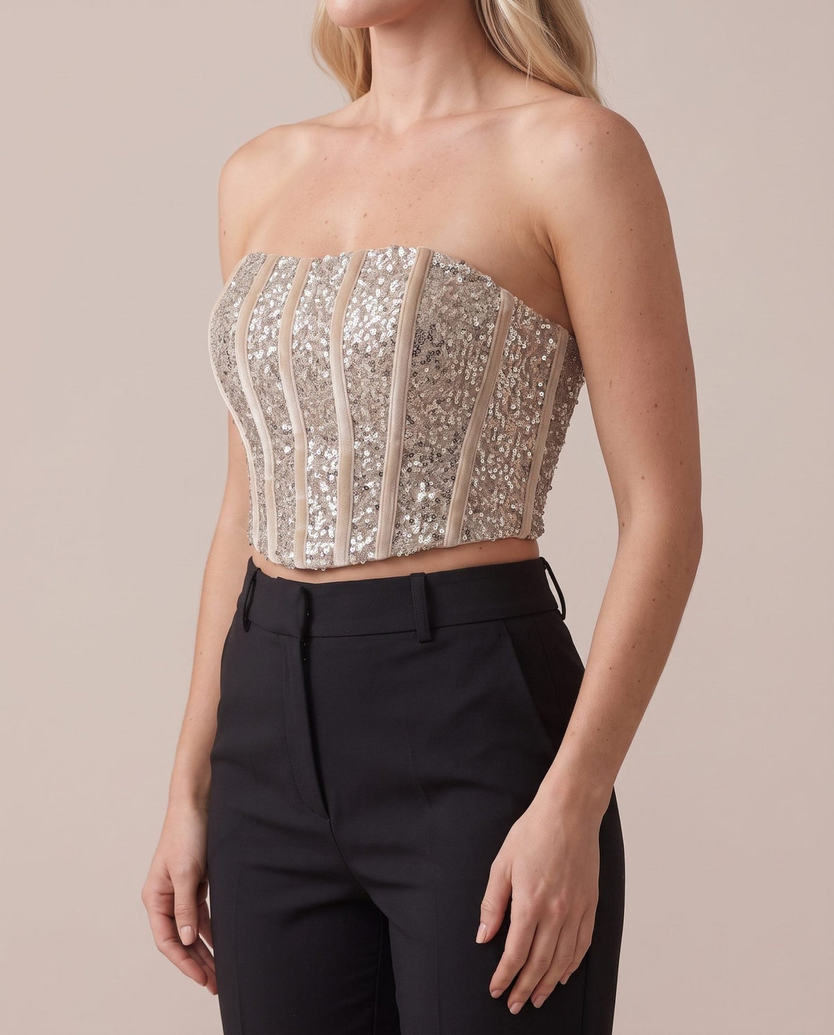 Top bustier a fascia in velluto con paillettes e bande verticali - Follie by Alice