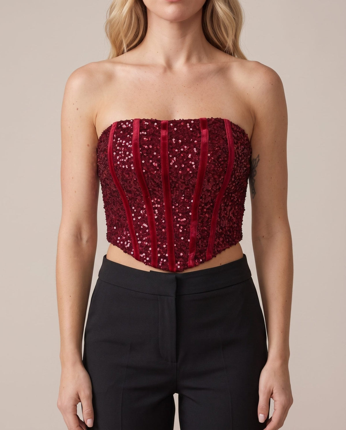 Top bustier a fascia in velluto con paillettes e bande verticali - Follie by Alice