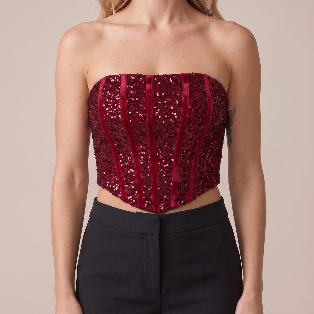 Top bustier a fascia in velluto con paillettes e bande verticali - Follie by Alice