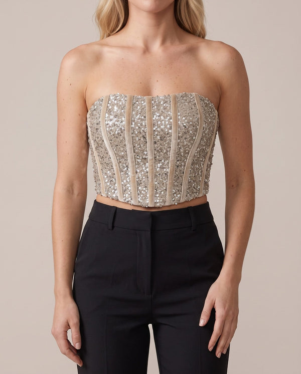 Top bustier a fascia in velluto con paillettes e bande verticali - Follie by Alice