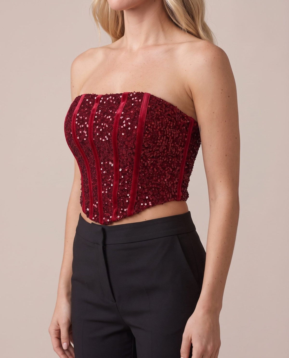 Top bustier a fascia in velluto con paillettes e bande verticali - Follie by Alice