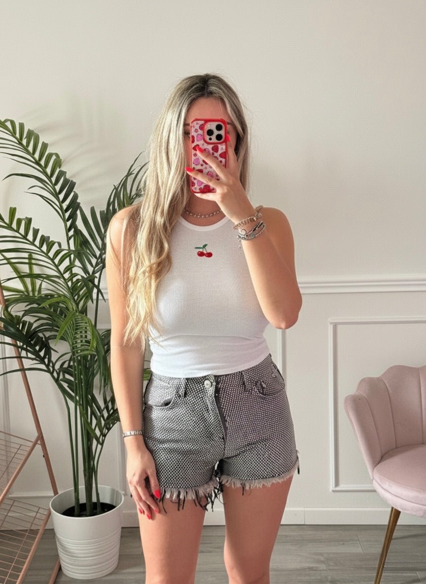 Top corto a costine con ciliegie ricamate - Follie by Alice
