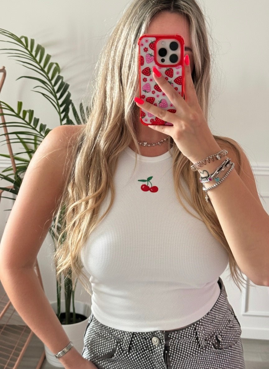 Top corto a costine con ciliegie ricamate - Follie by Alice