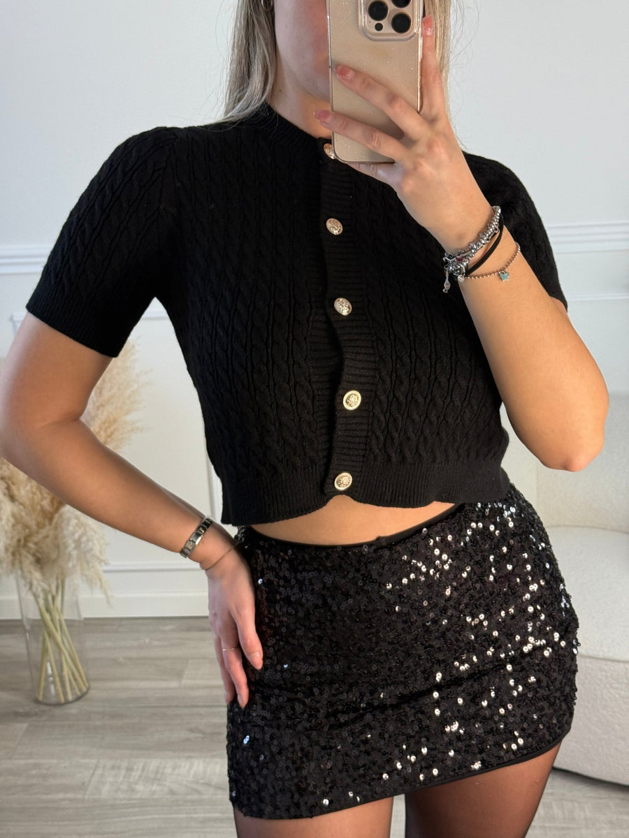 Top corto in maglia intrecciata con bottoni gioiello – alternate