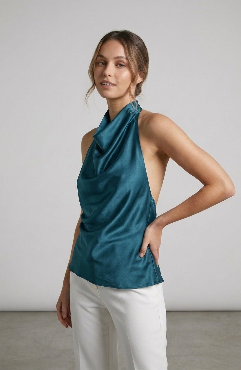 Top halter in raso con scollo drappeggiato PERLAGE