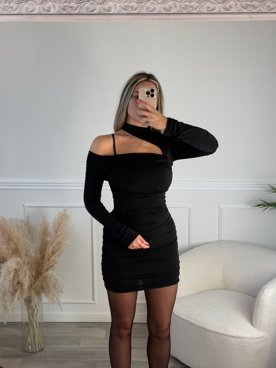 Tubino a fascia drappeggiato con maniche lunghe e collare – alternate