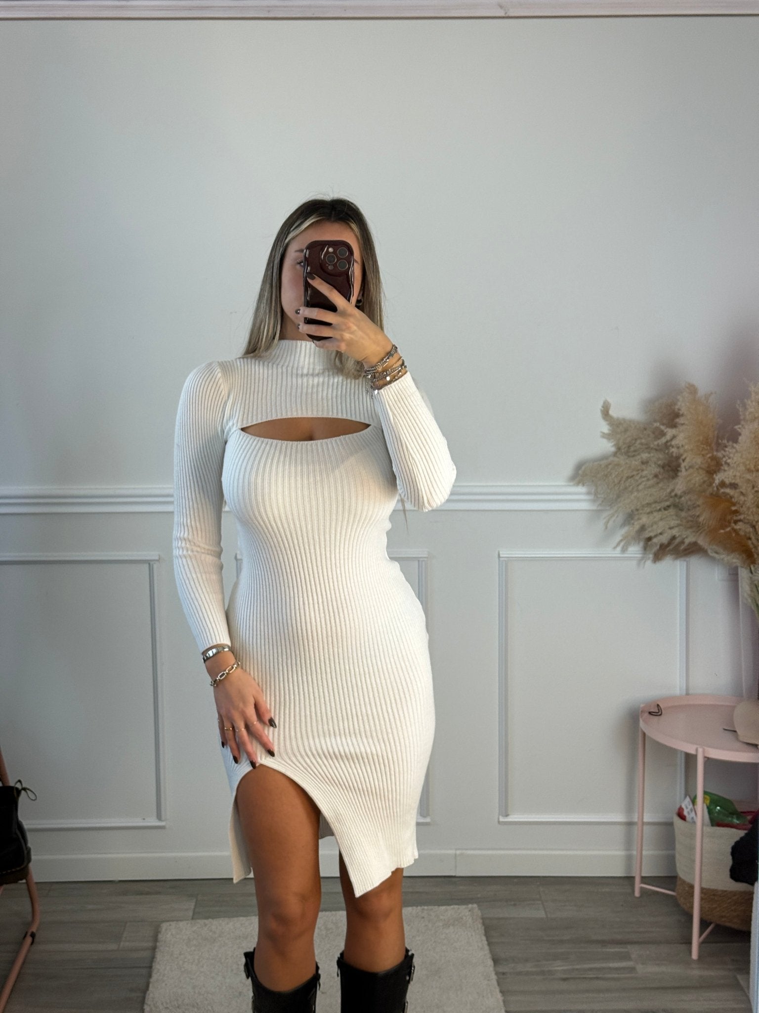 Tubino bianco a costine con spacco - Follie by Alice