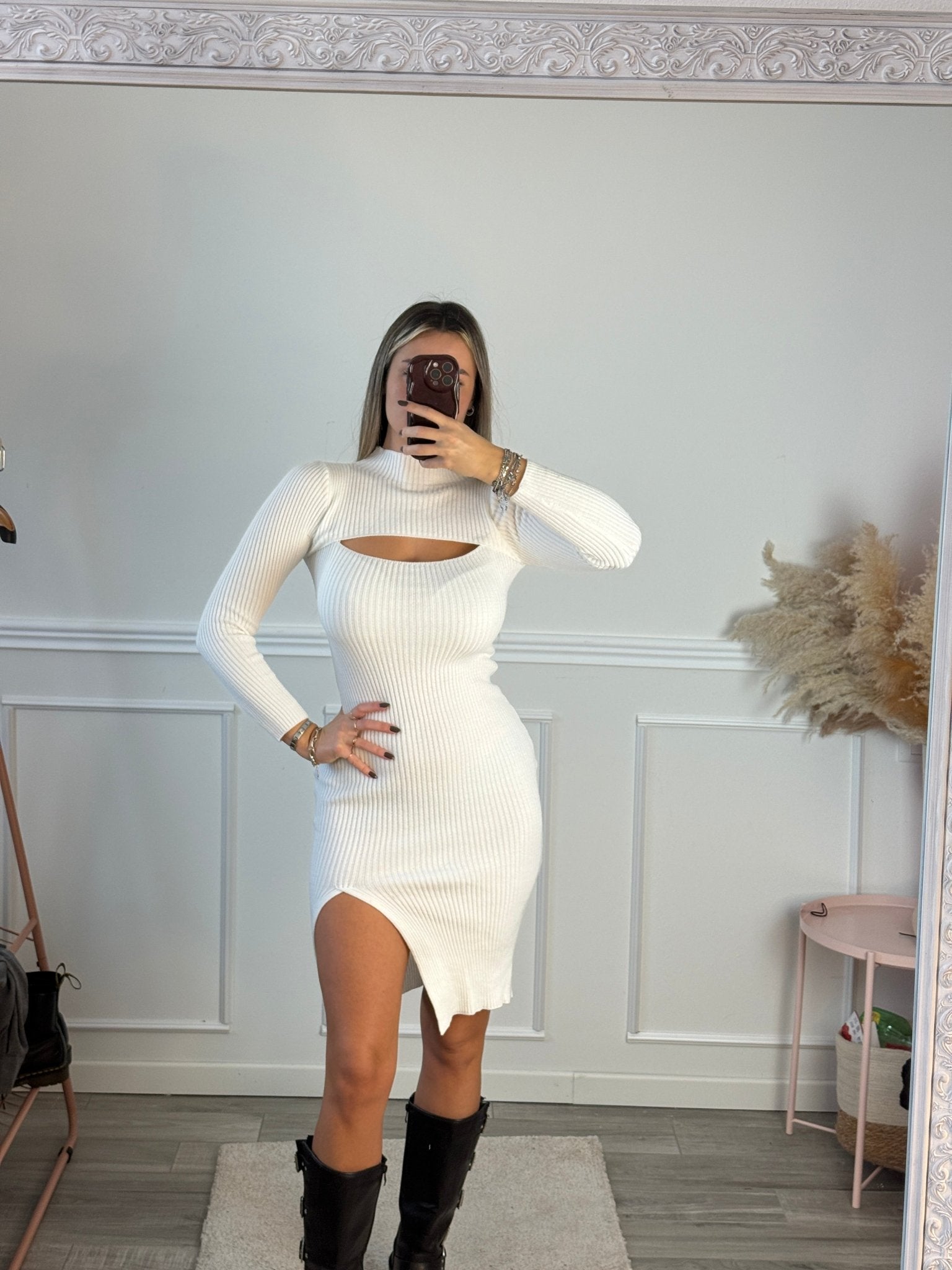 Tubino bianco a costine con spacco - Follie by Alice