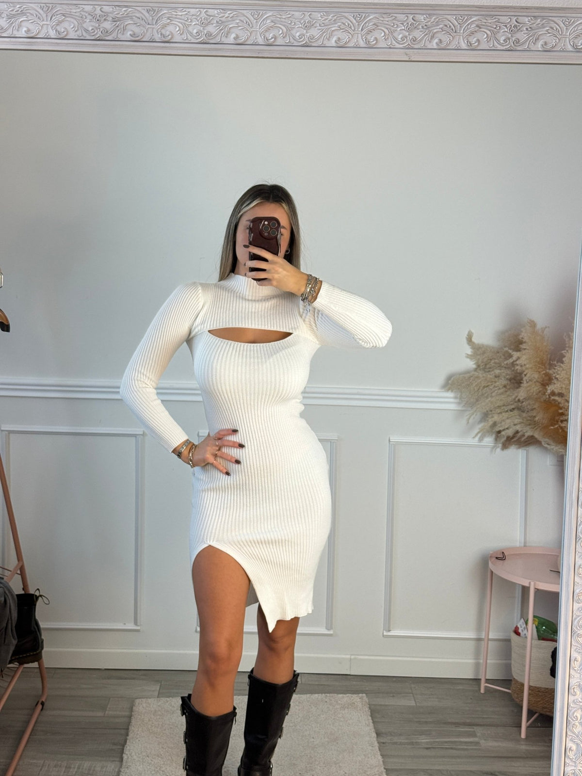 Tubino bianco a costine con spacco - Follie by Alice