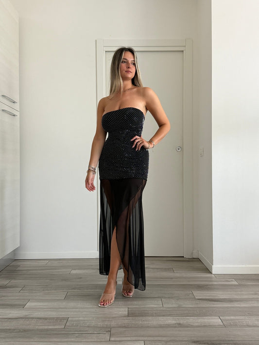 Tubino lungo a fascia con strass gioiello e gonna velata