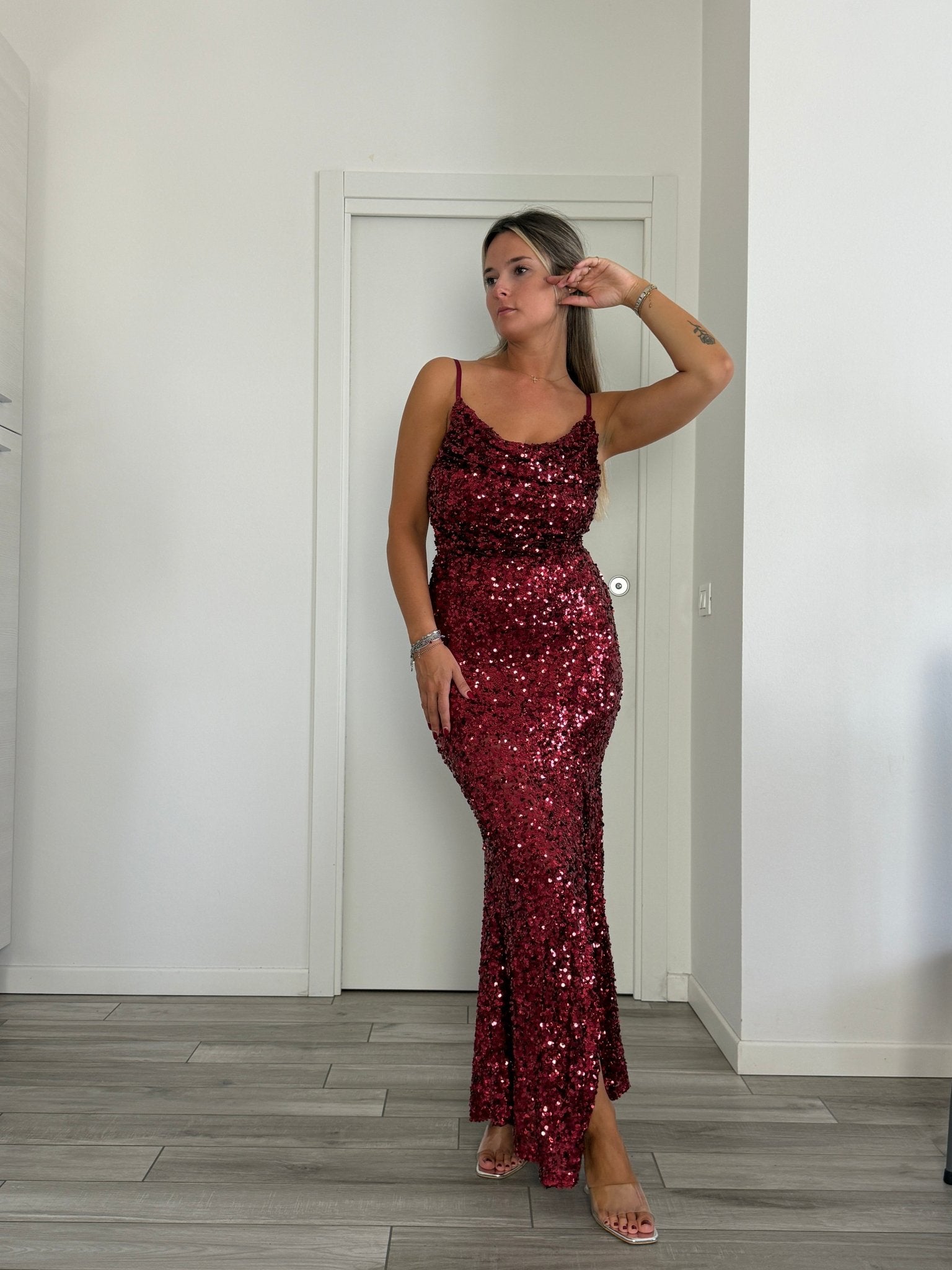 Tubino lungo gioiello con paillettes e spacco - Follie by Alice