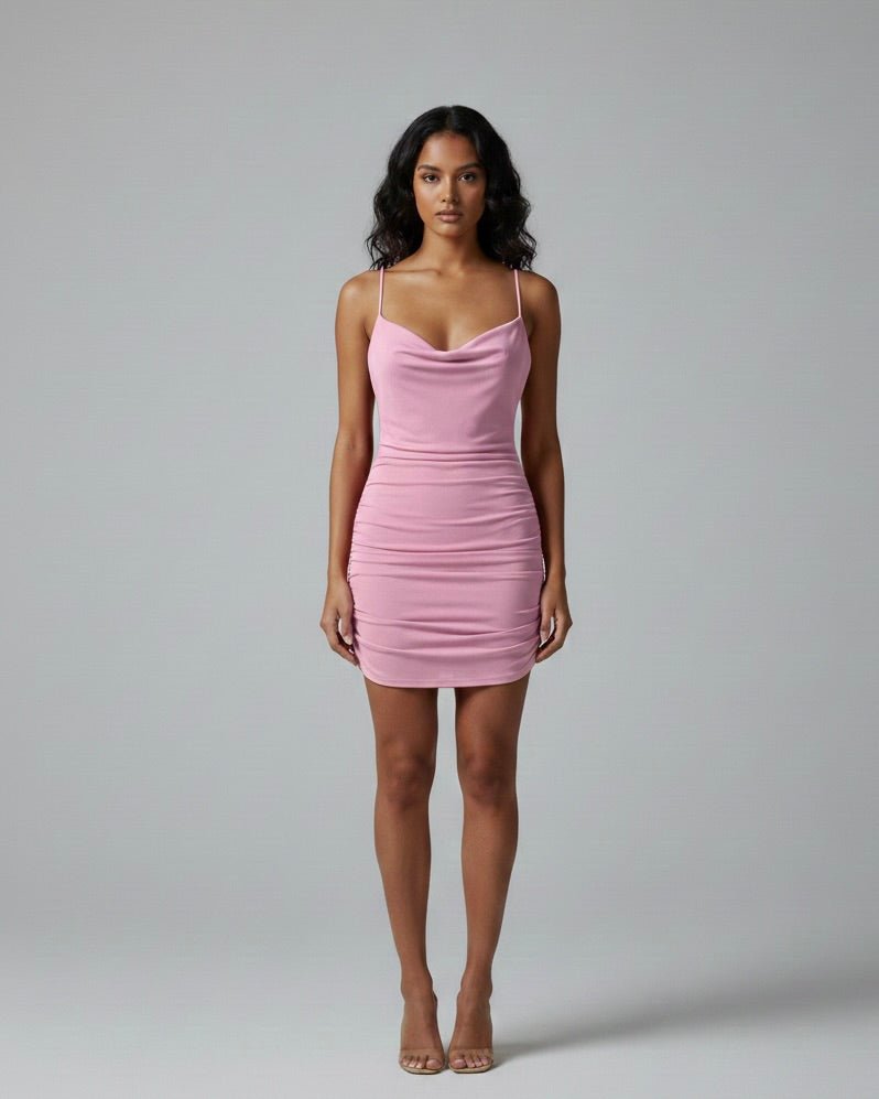 Tubino satin con scollo drappeggiato e schiena scoperta - Follie by Alice