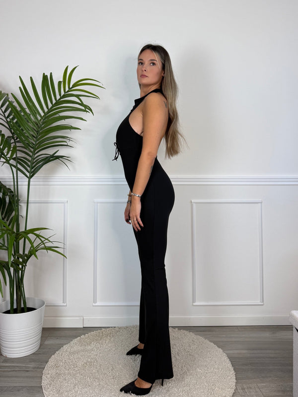 Tuta jumpsuit halter a zampa con occhielli RAQUEL - Follie by Alice