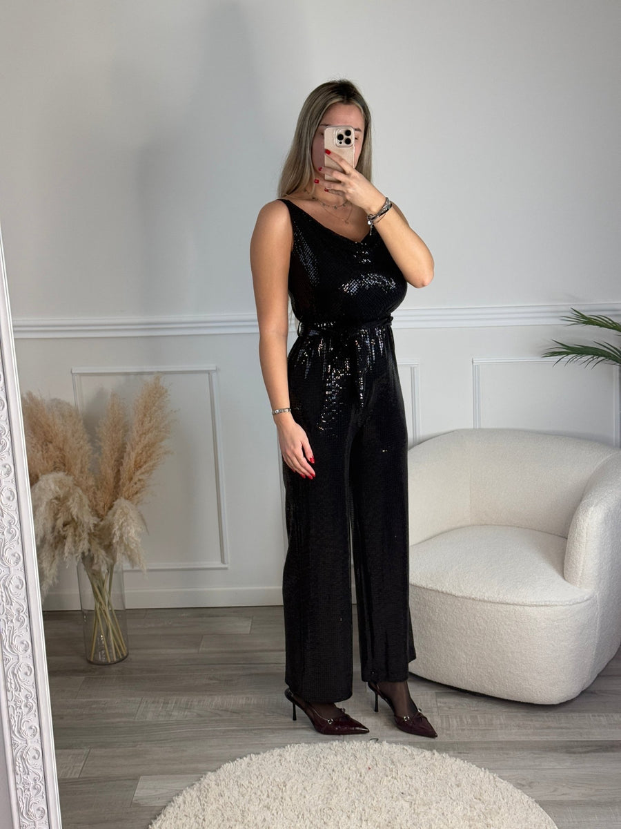Tuta jumpsuit metallizzata con maxi paillettes gioiello – alternate