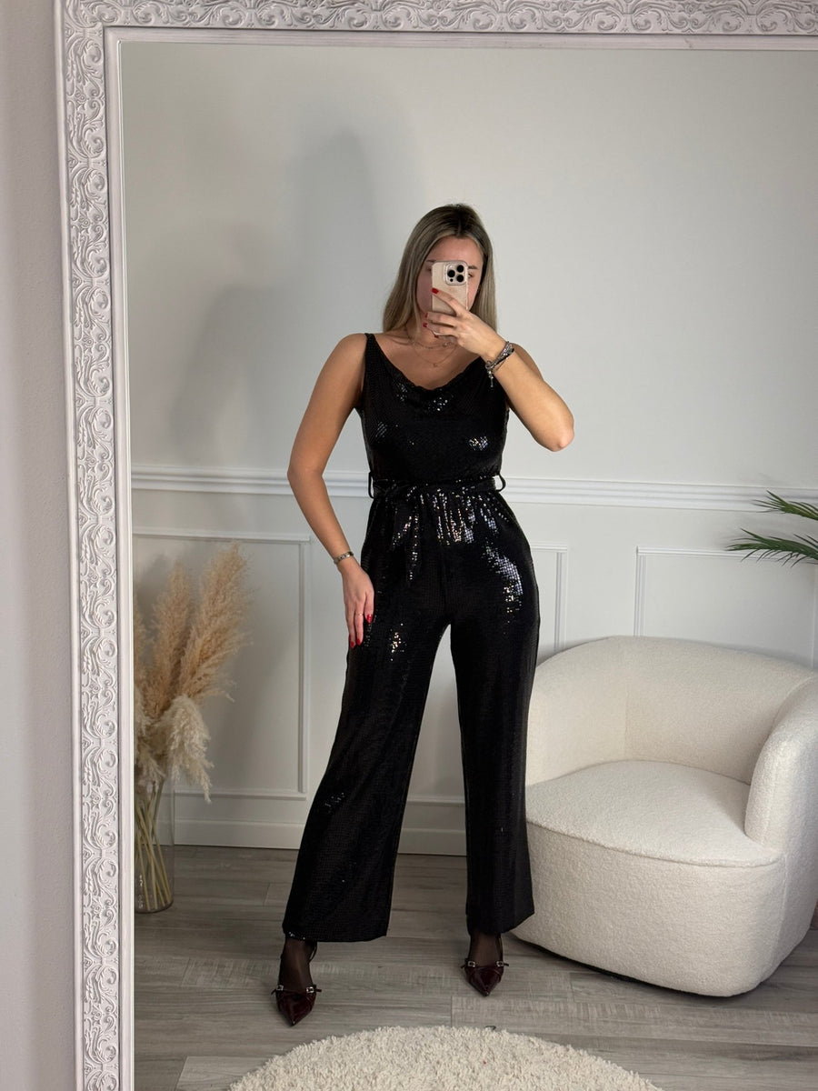 Tuta jumpsuit metallizzata con maxi paillettes gioiello