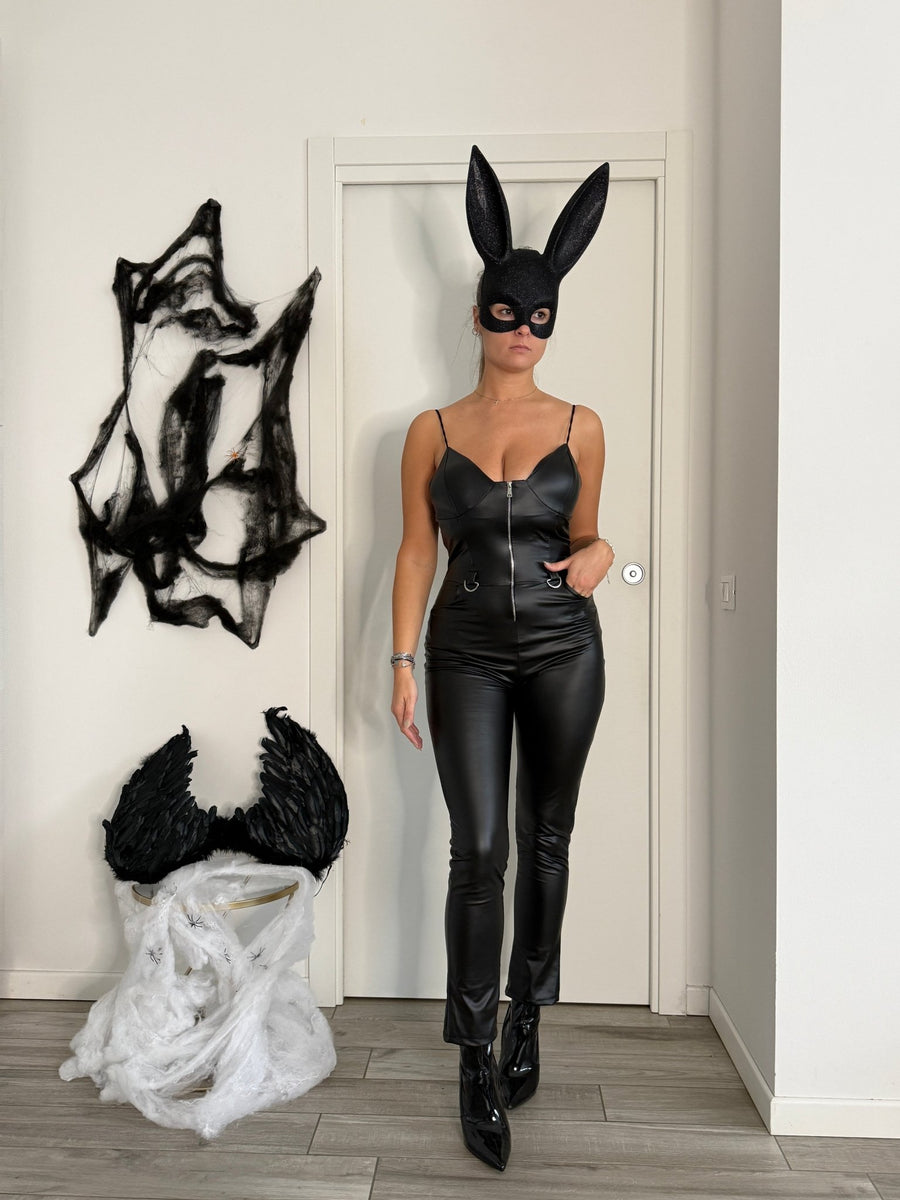Tuta jumpsuit smanicata effetto pelle con zip frontale