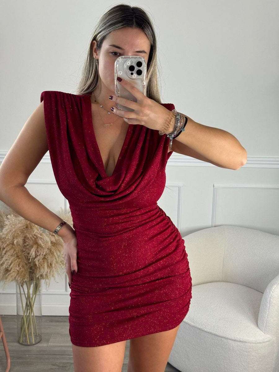 Vestitino glitterato smanicato con scollo a cappuccio e drappeggio – alternate