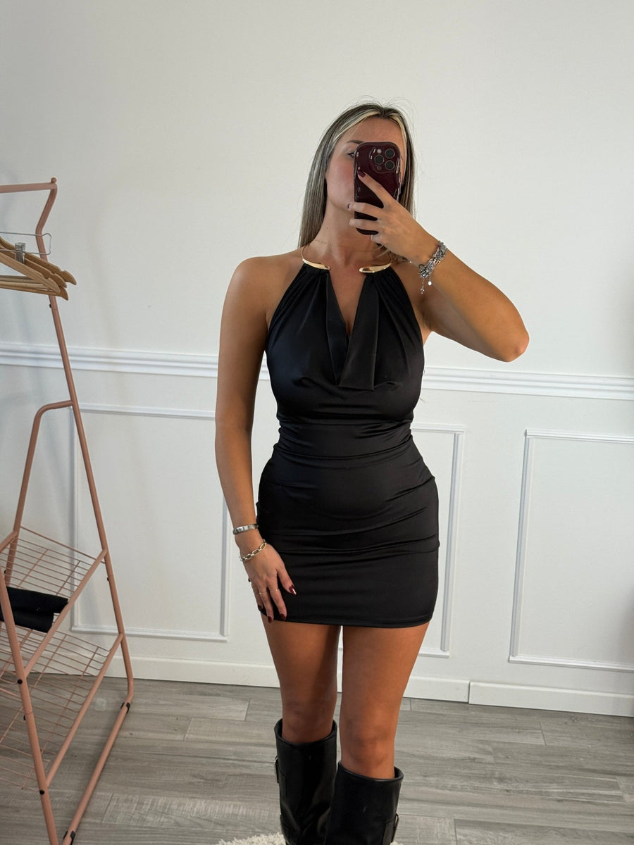 Vestitino in raso con collo halter con collare dorato rigido