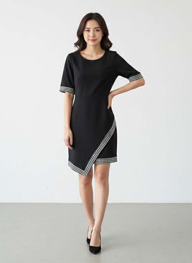 Vestitino nero con maniche corte e orli pied - de - poule - Follie by Alice