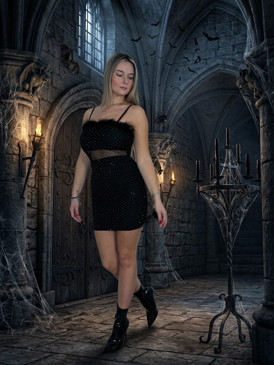 Vestitino velato con strass gioiello e piume CHARLESTON - Follie by Alice Immagine principale del prodotto