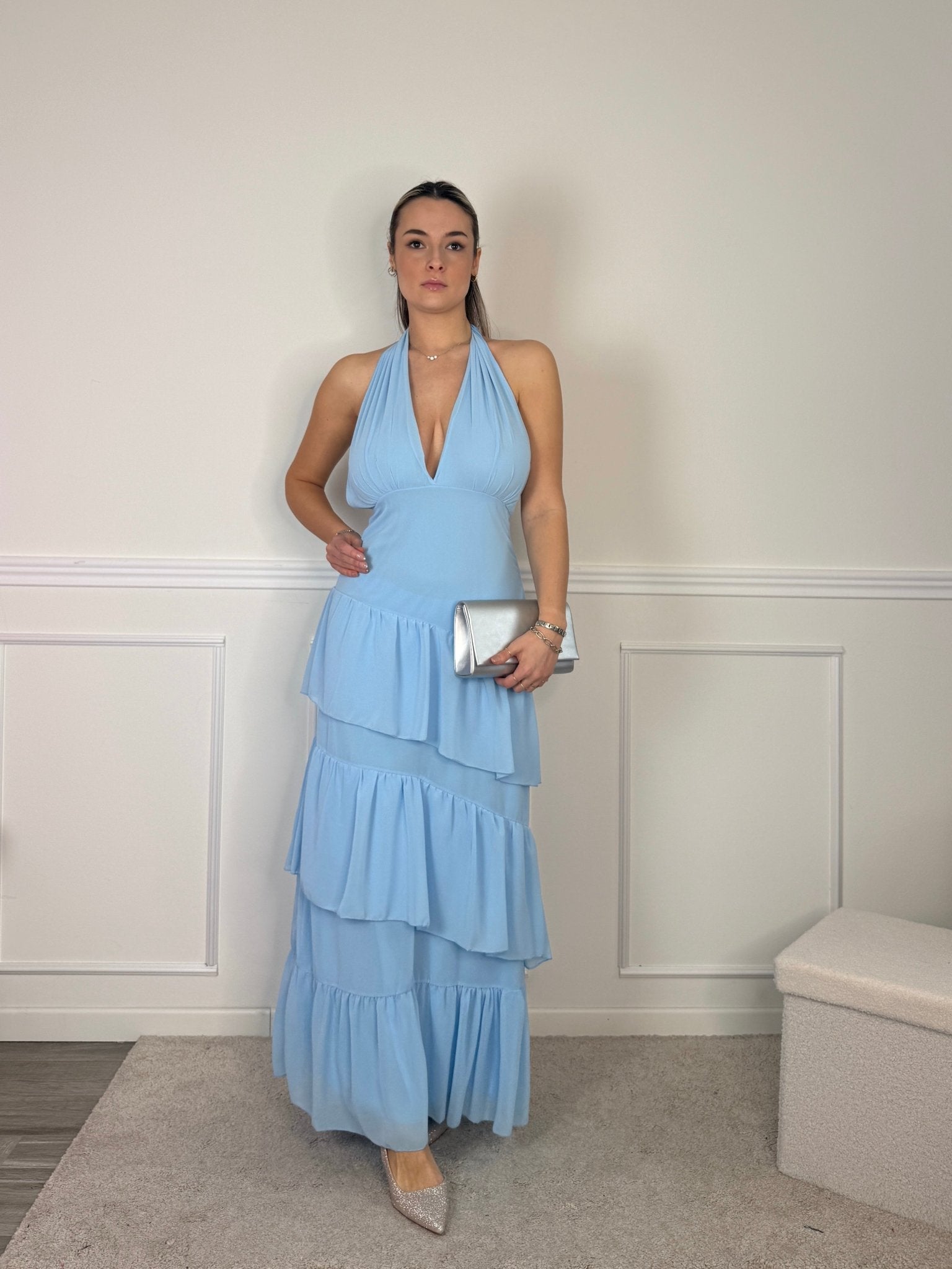 Vestito lungo a balze con scollo a V e schiena scoperta - Follie by Alice