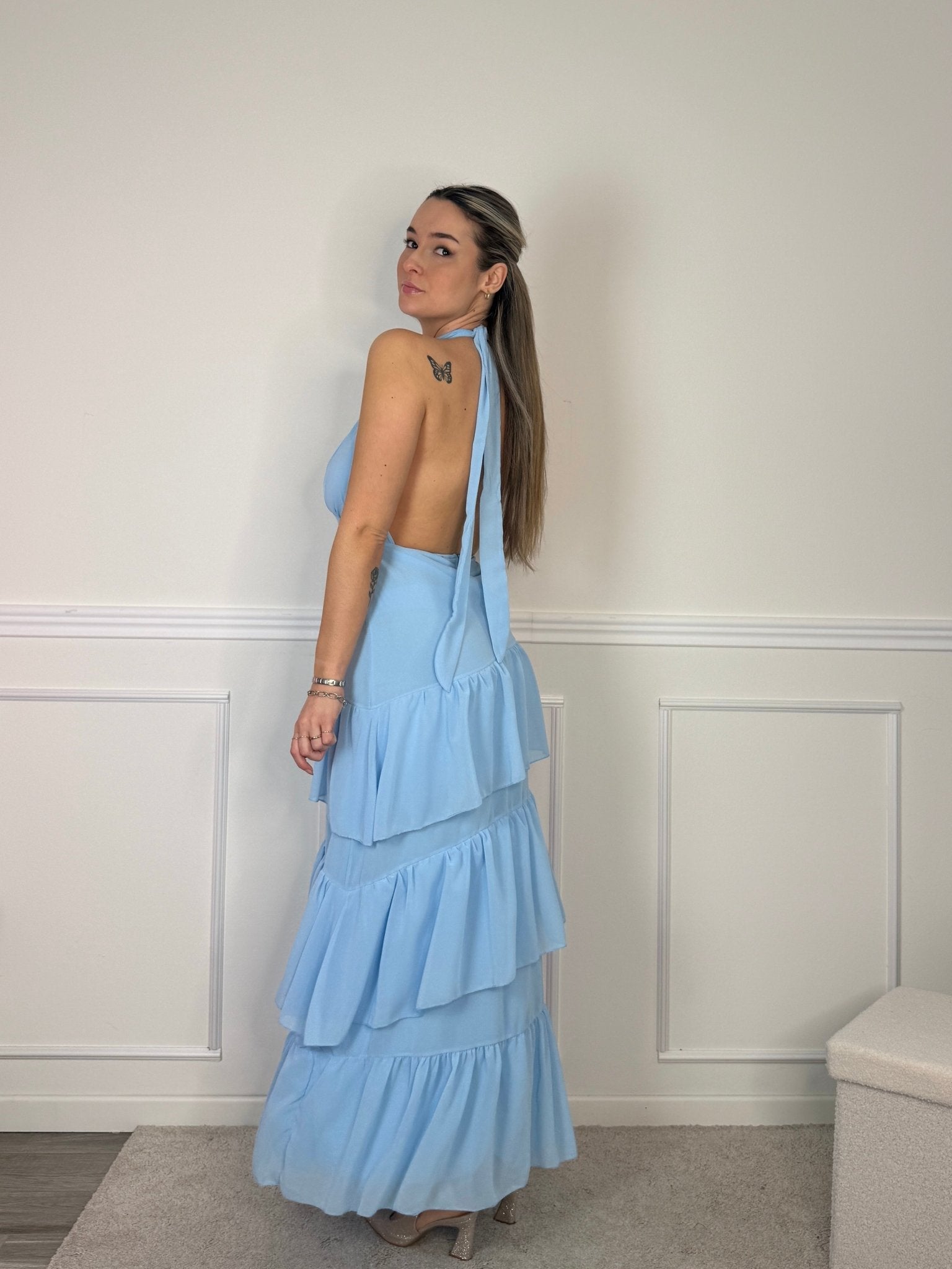 Vestito lungo a balze con scollo a V e schiena scoperta - Follie by Alice