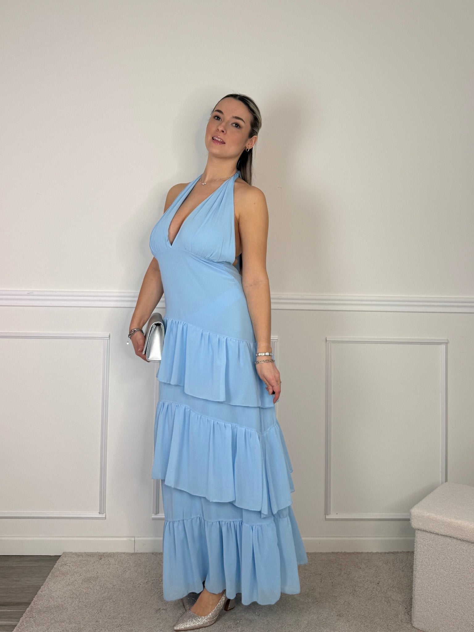 Vestito lungo a balze con scollo a V e schiena scoperta - Follie by Alice