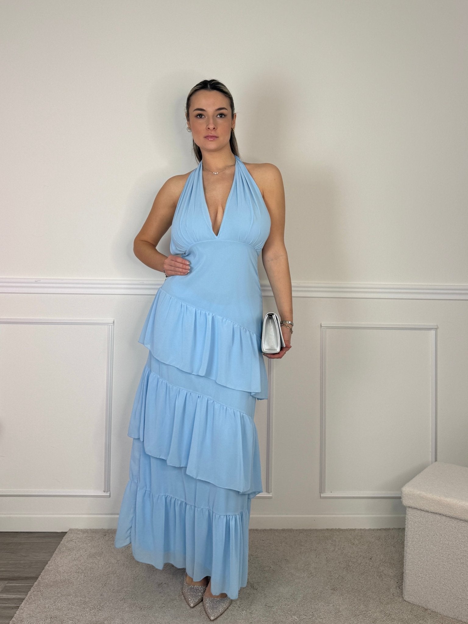 Vestito lungo a balze con scollo a V e schiena scoperta - Follie by Alice