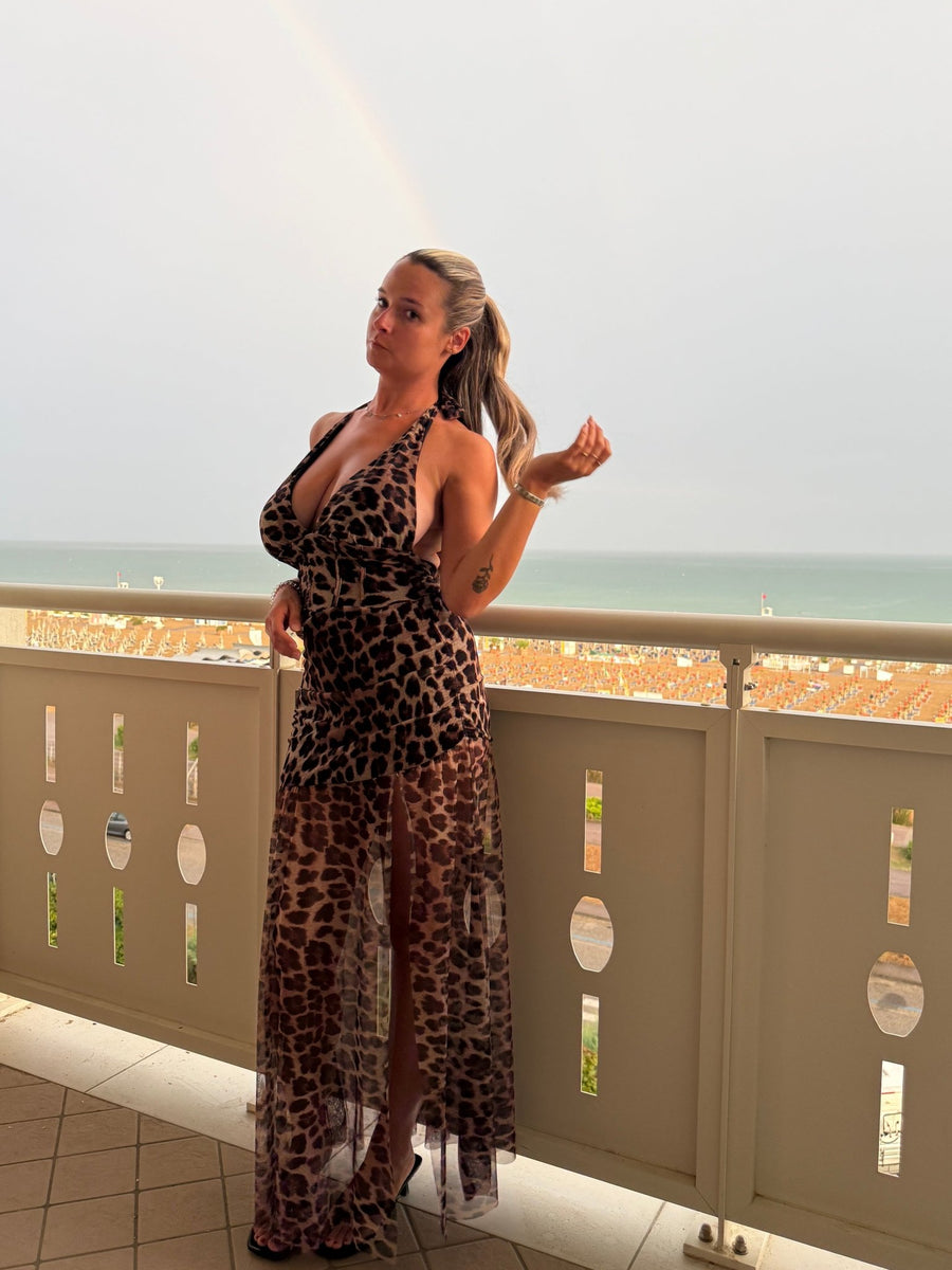 Vestito lungo animalier halter in tulle SAVANA
