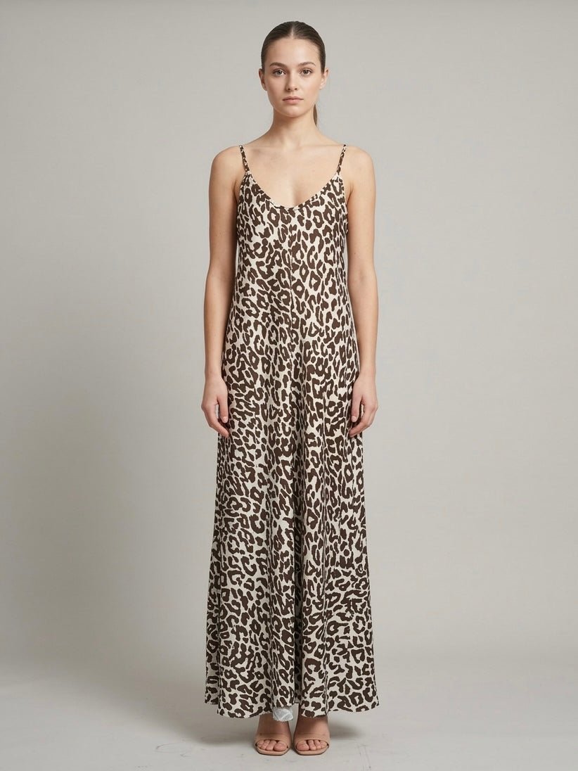 Vestito lungo animalier in satin con spalline