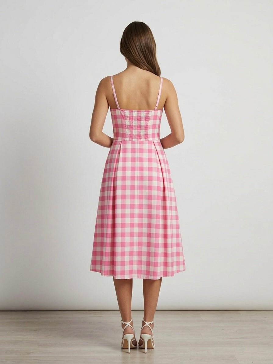 Vestito lungo bianco e fucsia a scacchi con gonna ampia - Follie by Alice