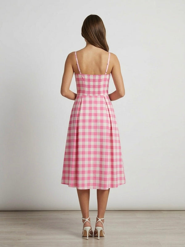 Vestito lungo bianco e fucsia a scacchi con gonna ampia - Follie by Alice