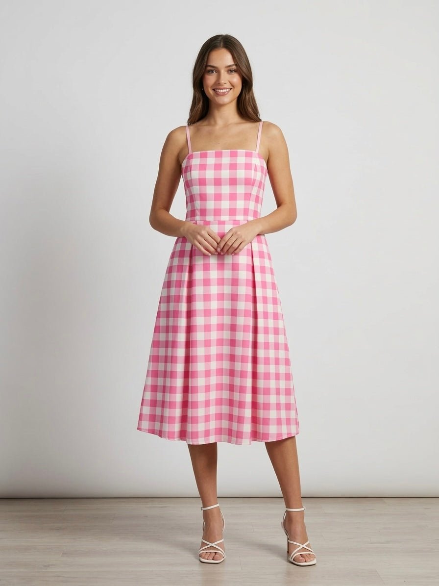 Vestito lungo bianco e fucsia a scacchi con gonna ampia - Follie by Alice