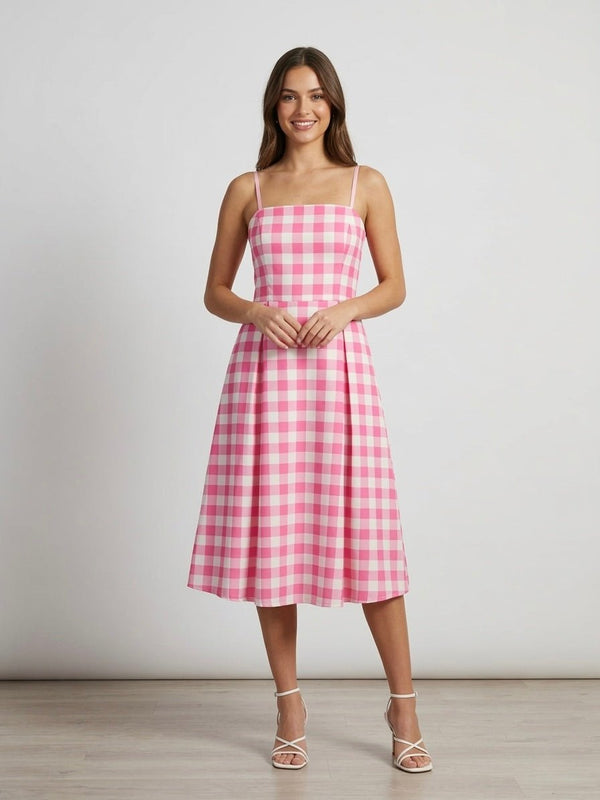 Vestito lungo bianco e fucsia a scacchi con gonna ampia - Follie by Alice