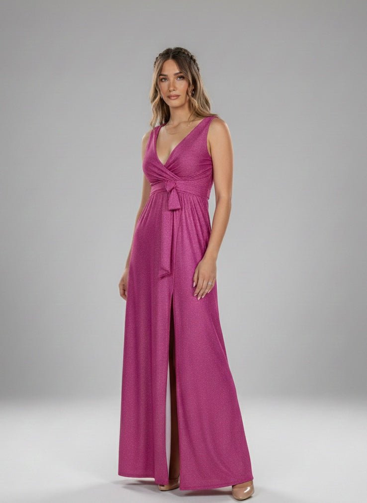 Vestito lungo ciclamino gioiello glitterato con spacco