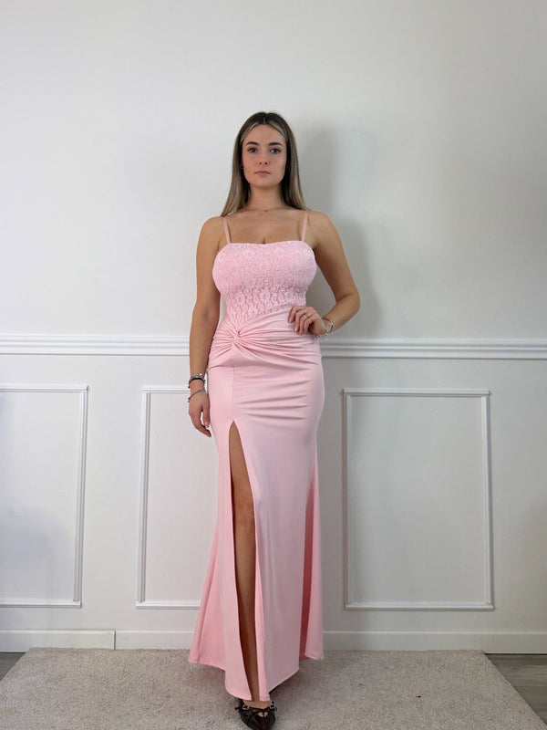 Vestito lungo con corpetto bustier in pizzo, drappeggio twist e spacco profondo - Follie by Alice
