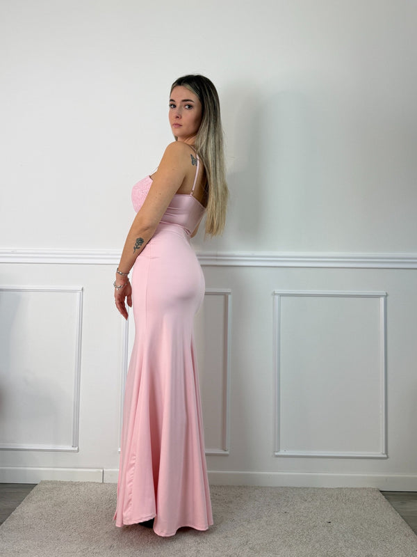Vestito lungo con corpetto bustier in pizzo, drappeggio twist e spacco profondo - Follie by Alice