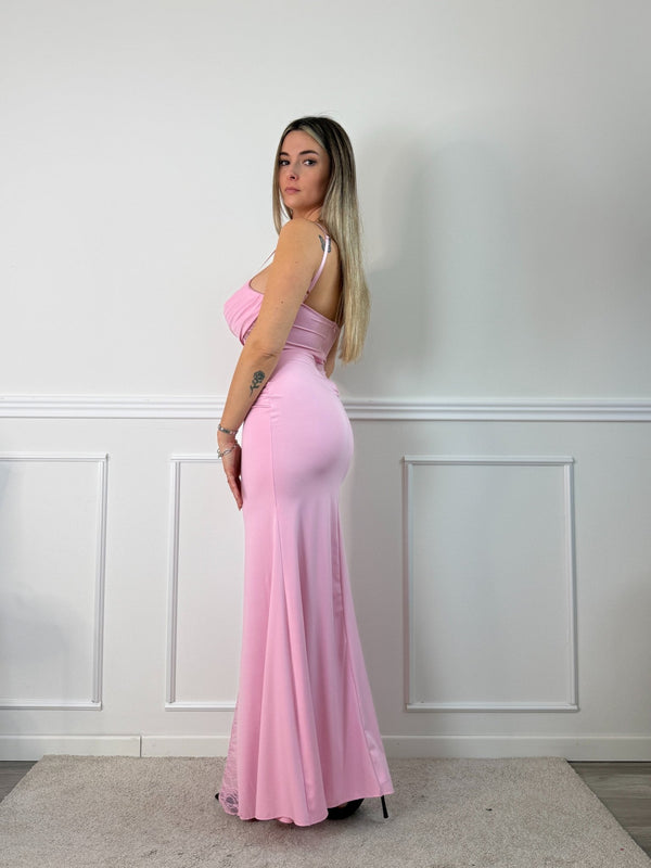 Vestito lungo con corpetto bustier in pizzo, scollatura a barchetta e drappeggio twist - Follie by Alice