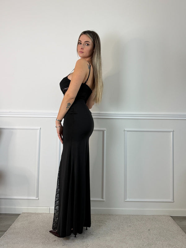 Vestito lungo con corpetto bustier in pizzo, scollatura a barchetta e drappeggio twist - Follie by Alice