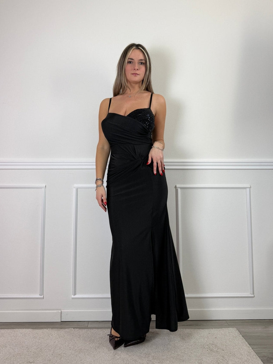 Vestito lungo con drappeggio e paillettes