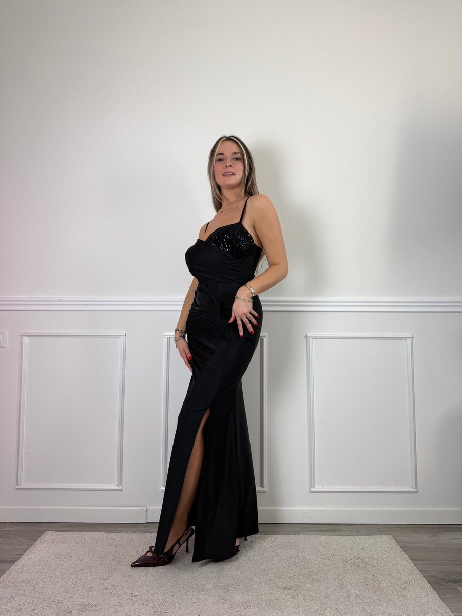 Vestito lungo con drappeggio e paillettes – alternate