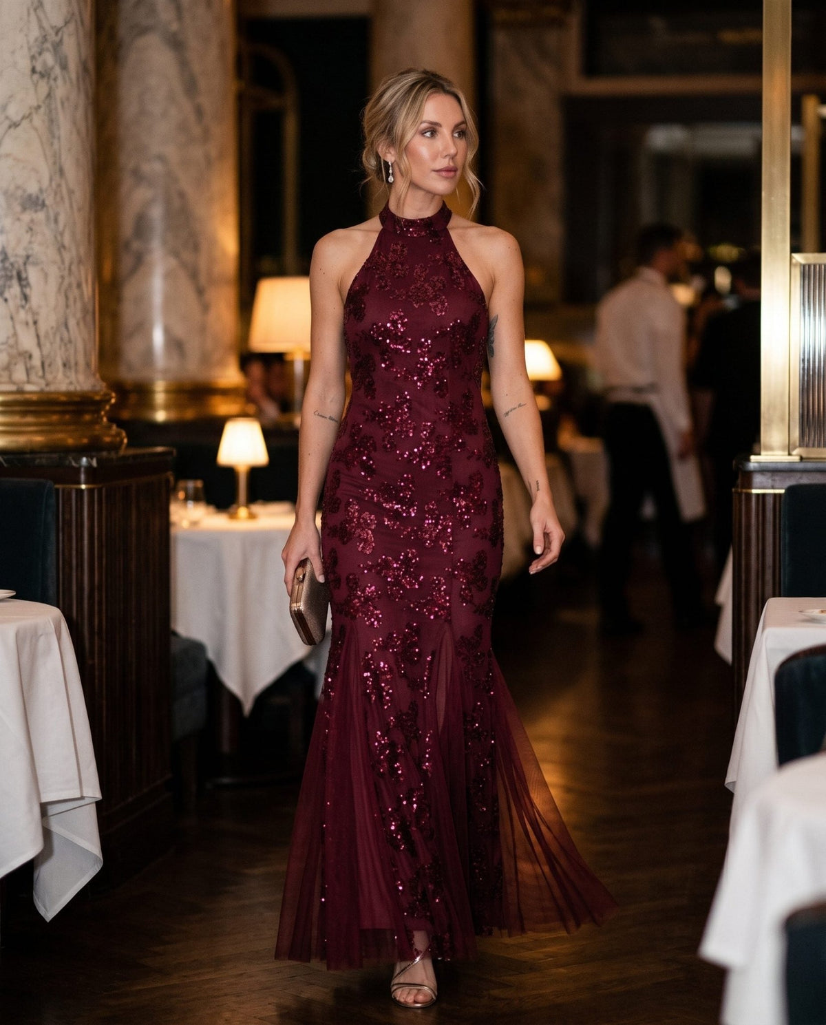 Vestito lungo con paillettes e inserti in tulle ASTRA - Follie by Alice