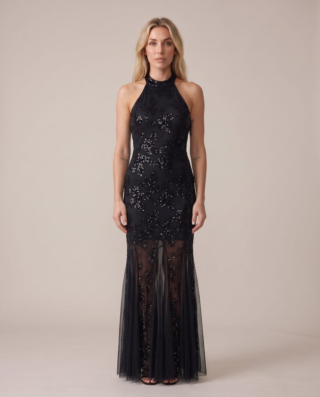 Vestito lungo con paillettes e inserti in tulle ASTRA - Follie by Alice