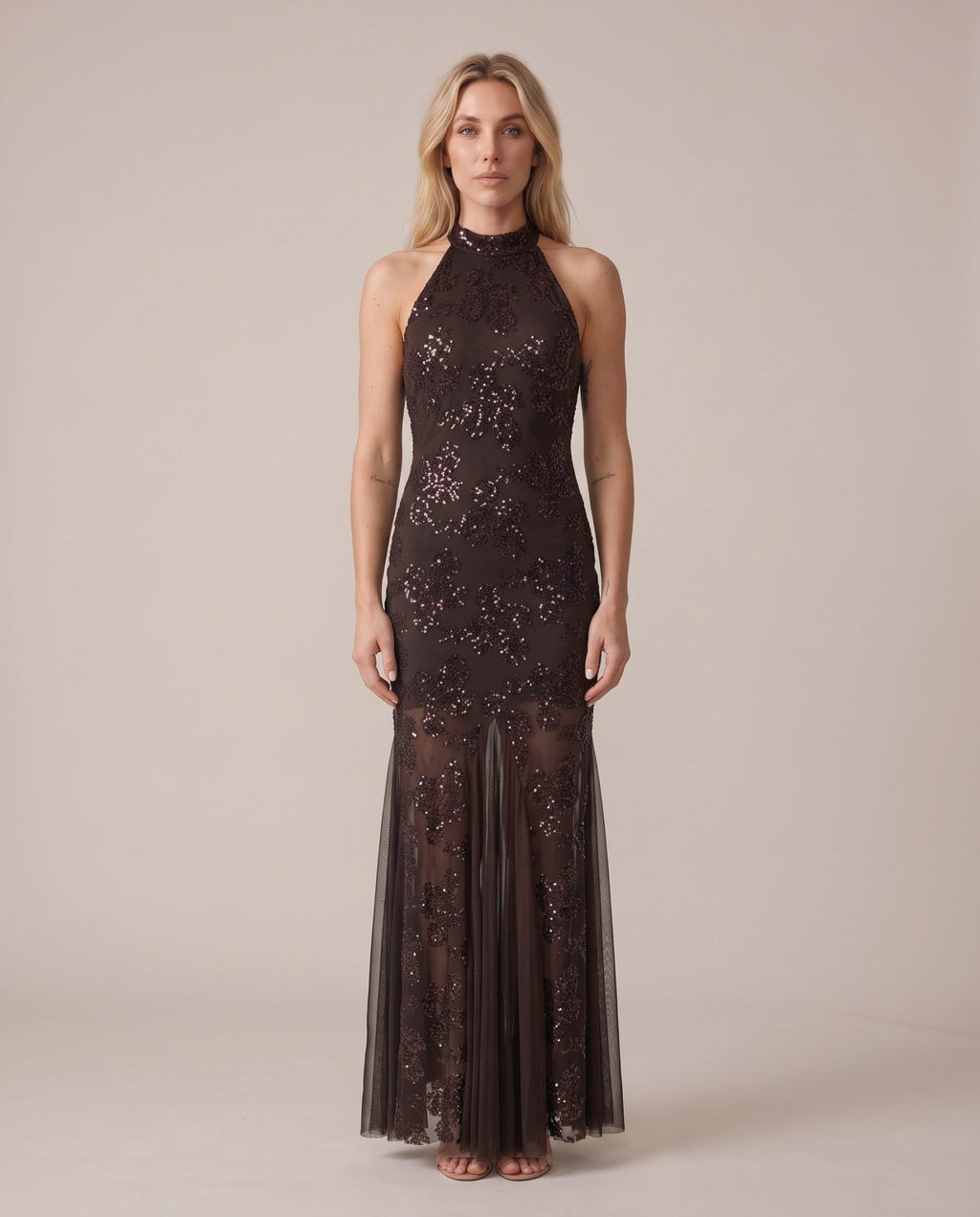 Vestito lungo con paillettes e inserti in tulle ASTRA - Follie by Alice
