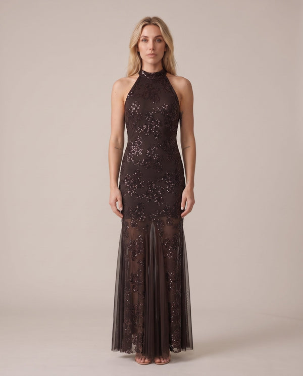 Vestito lungo con paillettes e inserti in tulle ASTRA - Follie by Alice